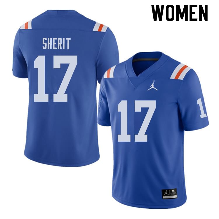 Women's NCAA Florida Gators Jordan Sherit #17 Stitched Authentic Alternate Jordan Brand Royal Throwback College Football Jersey VAD6565CL